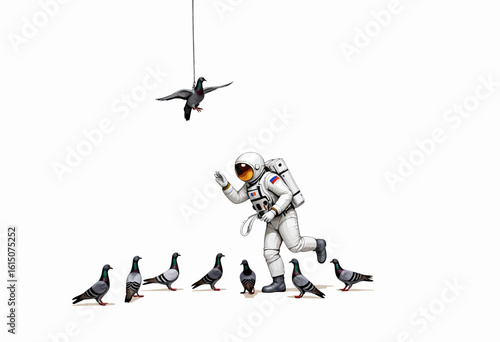 Astronaut interacting with pigeons in a surreal outdoor setting  