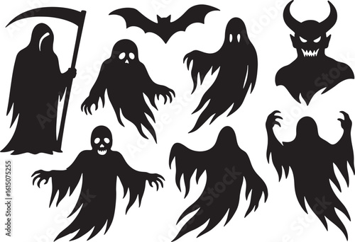 Eerie Silhouettes of Halloween Night Creepy Grim Reaper Ghostly Apparitions and a Demonic Visage Bat