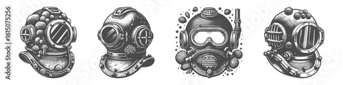 Vintage Hand-Drawn Diving Helmet Classic Collection Illustration, Nautical Gear Engraved Style Vector for T-Shirts and Maritime Exploration Themes Design