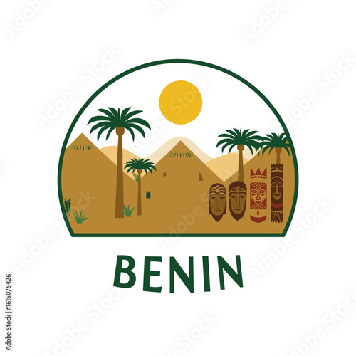 Wallpaper Mural Vector of Benin with tribal masks, palm trees, sun and desert landscape. African culture and tradition concept Torontodigital.ca