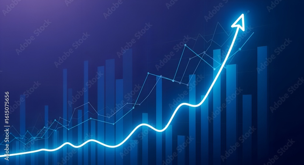 Fototapeta premium Glowing blue business graph, financial growth chart, upward trend arrow, stock market analytics