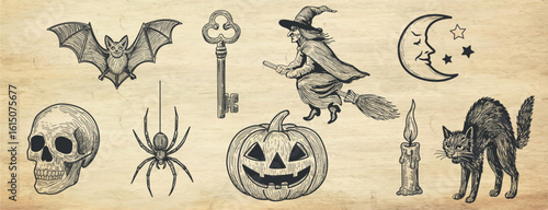Vector Set of vintage Halloween vector illustrations in engraving style on aged paper. Includes witch, pumpkin, bat, skull, spider, moon, key, candle, black cat. For spooky retro designs