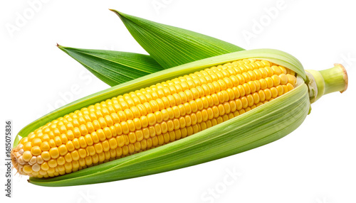 Fresh corn on the cob with bright yellow kernels and partially peeled green husk, fully isolated on a transparent PNG background — perfect for agricultural visuals, food packaging, or harvest-themed d