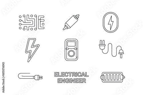 Electrical engineering icons circuit board lightning bolt plug and wire multimeter resistor