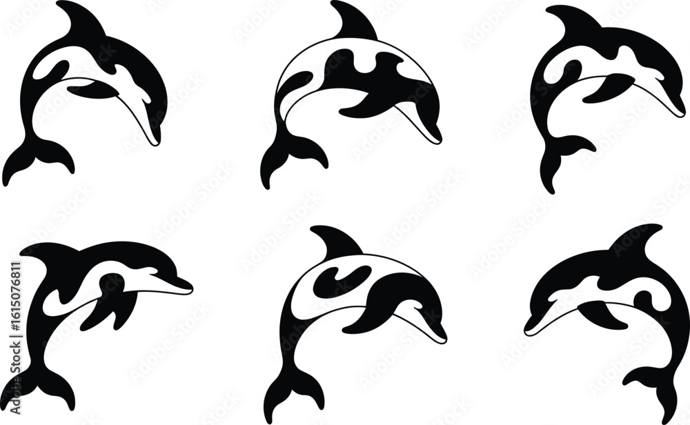 Obraz premium Six Stylized Dolphin Silhouettes Jumping marine life