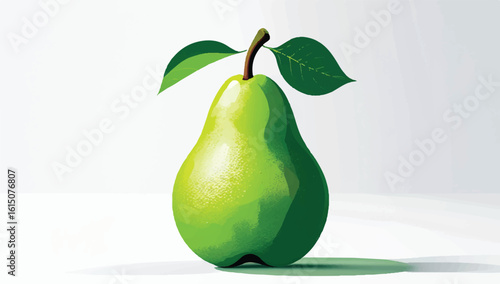 A vector illustration of a single fresh green pear with leaves, isolated on a white background. A clean, modern graphic for healthy food concepts.
