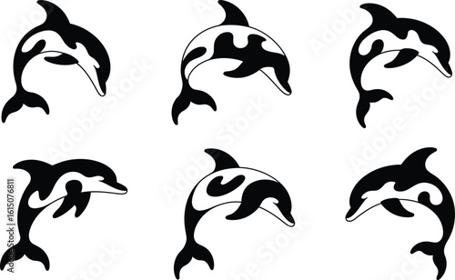 Six Stylized Dolphin Silhouettes Jumping marine life