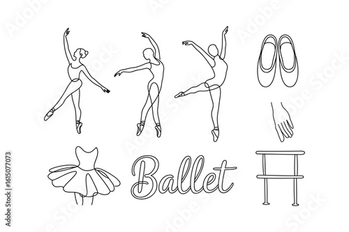 Elegant dancers in graceful poses with ballet shoes and attire ballet dancers line art