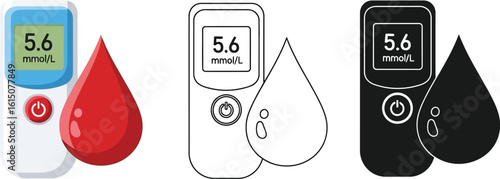 Blood sugar test kit for diabetes monitoring with glucose meter and blood drop illustration vector