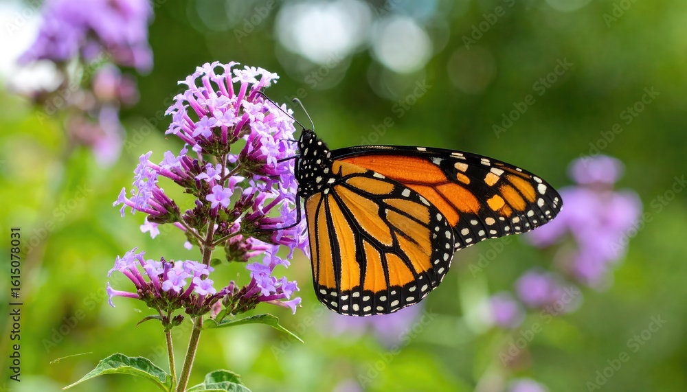 Naklejka premium Monarch Butterfly on Lavender Blooms: A Serene Summer Scene