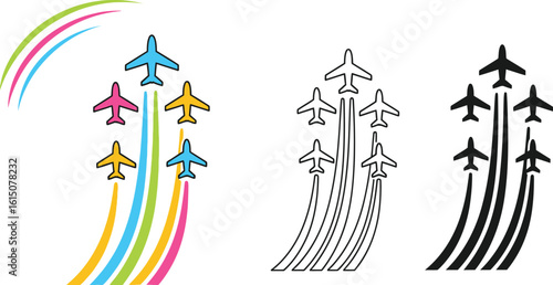 Airplane formation vector illustration with colorful trails and monochrome variations design 100
