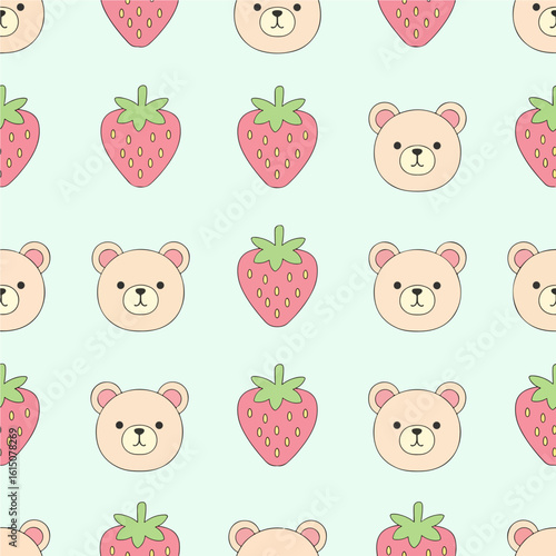 A sweet seamless pattern featuring cute cartoon bear heads and strawberries arranged in a grid on a light green background.