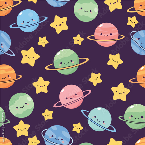 A cheerful seamless pattern filled with cute, smiling kawaii-style planets and stars against a dark purple space background.