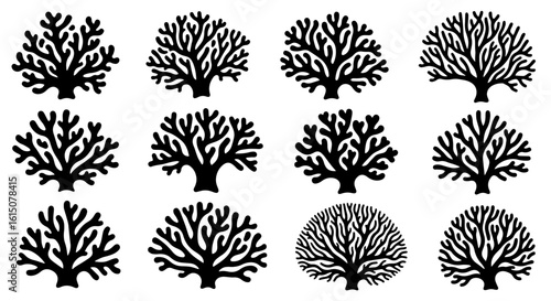 A collection of twelve black and white vector silhouettes depicting various stylized coral or sea fan shapes.
