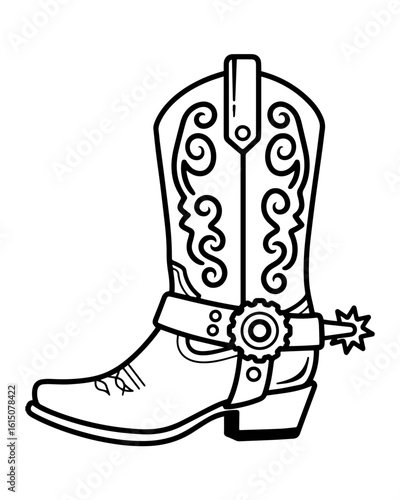 A black and white line art illustration of a decorative cowboy boot with ornamental stitching and a spur, suitable for a coloring page.