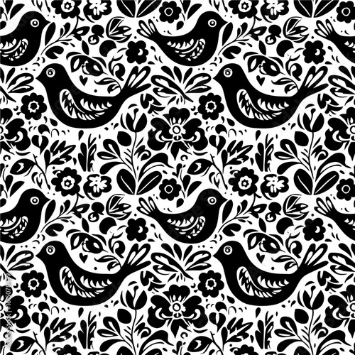 A dense, black and white seamless pattern featuring stylized birds and flowers in a traditional folk art or paper-cutting style.