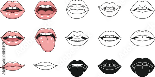 Vector lips illustration set, mouth expressions drawing, cartoon lips design, beauty and fashion concept