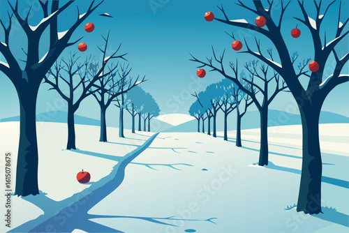 A solitary apple rests on a snow covered path lined with bare trees bearing fruit