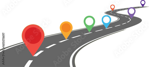 Colorful road trip map with location pins for gps navigation and travel planning destination route