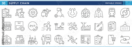 A set of line icons related to Supply Chain. Supply, demand, production, quality assurance, store, sell, consumer, delivery, and so on. Vector editable stroke.