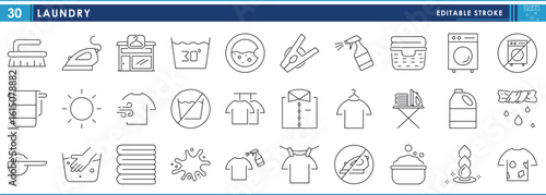 A set of line icons related to Laundry. Clothes, bleach, wash, dry, hand wash, iron, stain, clean, and so on. Vector editable stroke.