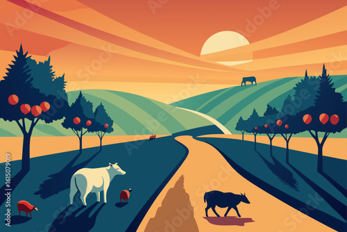 Serene countryside landscape with rolling hills fruit trees and grazing livestock at sunset
