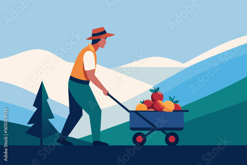 Farmer pushing a cart full of apples through a stylized landscape with rolling hills
