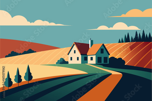 Stylized farmhouse nestled amidst rolling hills and cultivated fields under a cloudy sky