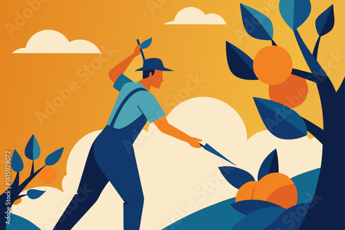 Farmer in overalls tending to fruit trees under a warm orange sky