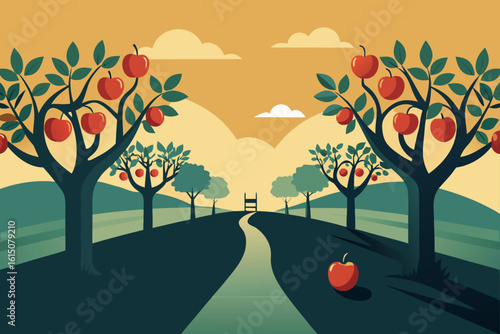 A picturesque apple orchard with ripe red apples on trees and a winding path leading to a gate
