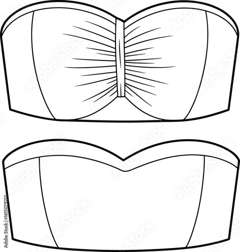 Strapless bandeau top technical sketch, sweetheart neckline, ruched front detail, fashion flat template, CAD drawing, vector illustration