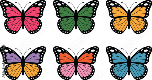 Six Vibrant Butterflies in a Grid Layout Keywords: butterfly, insect, nature, animal, wing
