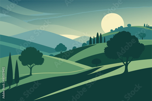 Serene tuscan landscape with rolling hills cypress trees and a gentle sun