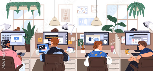 Employees are sitting at the desks in open space office. Business workers are in openscape. Colleagues work in workplaces in modern workspace with computers and houseplants. Flat vector illustration