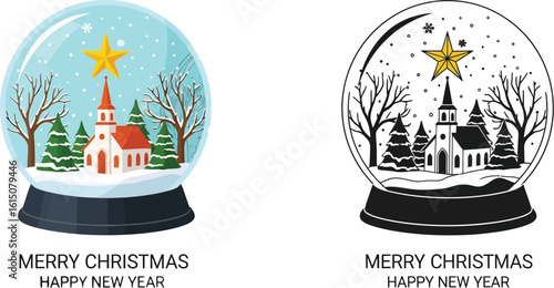Christmas snow globe with church and star vector illustration for christmas and new year design 1