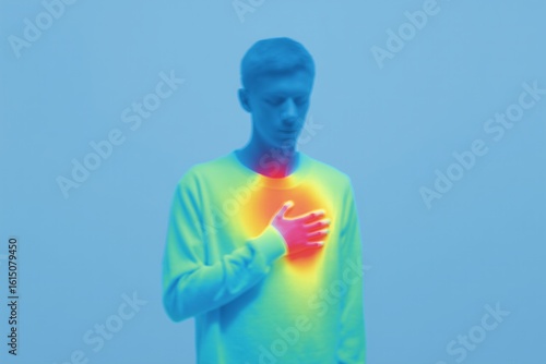 A thermal-style image displays a person's emotions as different colors in the body. This image symbolizes the mind-body connection and how emotions manifest physically