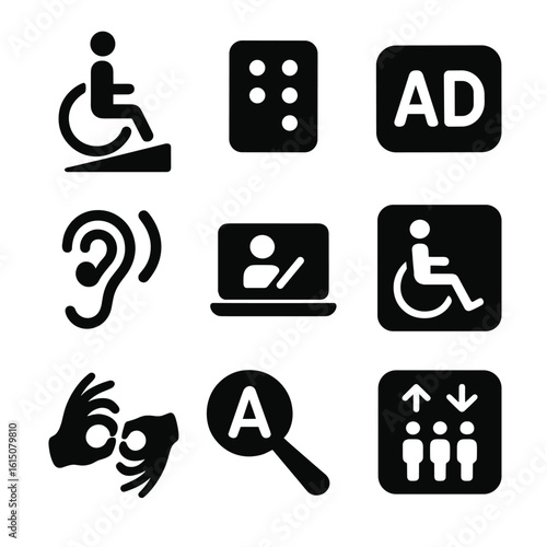 Accessibility Icon Set. Solid, filled icon set of accessibility features: wheelchair ramp, braille signage, audio description,