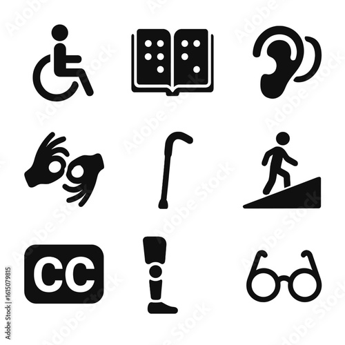 Accessibility Tools Icons. Solid, filled icon set of accessibility tools: wheelchair, braille book, hearing aid, sign language,