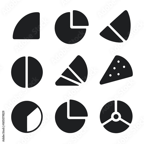 Abstract Pie Icons. Solid, filled icon set of abstract pie shapes: curved slice, segmented circle, wedge piece, circle division,