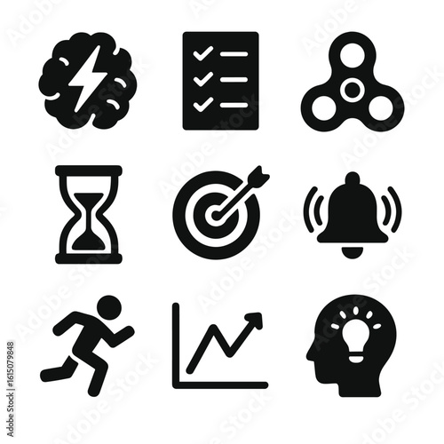 ADHD Awareness Icon Set. Solid, filled icon set of ADHD awareness: lightning brain, task list, fidget spinner, hourglass, focus