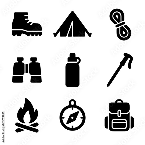 Adventure and Culture Icons. Solid, filled icon set of adventure gear: hiking boots, tent, climbing rope, binoculars, water bottle