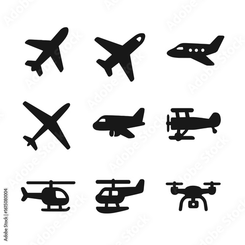 Aircraft Icons Grid. Solid, filled icon set of aircraft types: commercial jet, propeller plane, private jet, glider, cargo plane,
