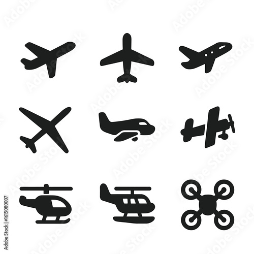Aircraft Icons Grid. Solid, filled icon set of aircraft types: commercial jet, propeller plane, private jet, glider, cargo plane,