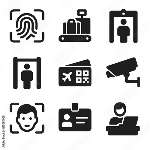 Airport Security Icons. Solid, filled icon set of airport security and tech: biometric scanner, baggage scanner, metal detector,