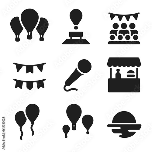 Air Balloon Festival Icons. Solid, filled icon set of air balloon festival elements: multiple balloons, launch pad, crowd, flags,
