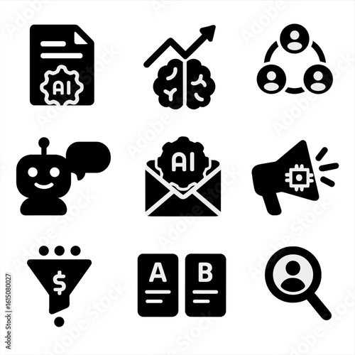 AI Marketing Icons. Solid, filled icon set of AI-enhanced marketing: content generator, trend prediction, customer segmentation,