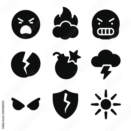 Anger Conflict Icons. Solid, filled icon set of anger and conflict icons: shouting face, fire cloud, clenched jaw, broken object,