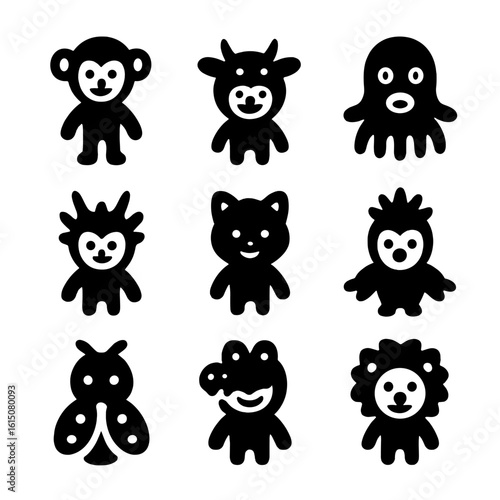 Animal Icon Grid. Solid, filled icon set of costume themes: jungle animals, farm animals, sea creatures, mythical animals, pets,