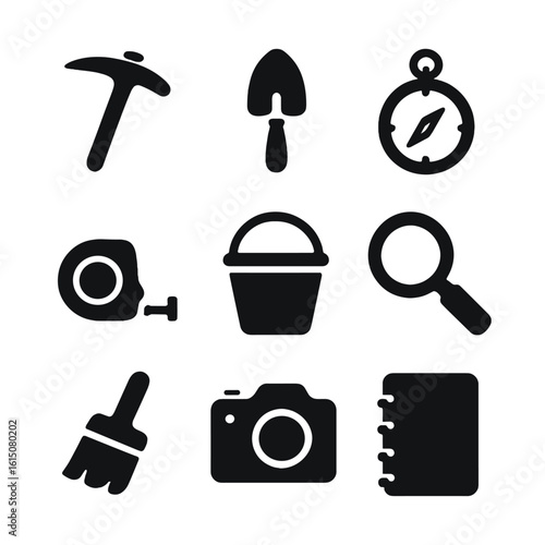 Archaeological Tools Icons. Solid, filled icon set of archaeological tools and equipment: pickaxe, shovel, compass, measuring tape