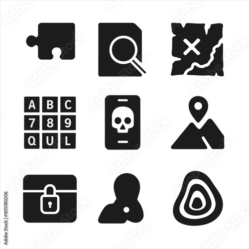 ARG Iconography Set. Solid, filled icon set of alternate reality games (ARGs): puzzle piece, secret clue, hidden message, map